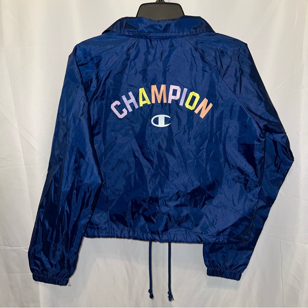 Champion Navy Blue Button Up Coaches Cropped Jacket Multi Logo - Picture 13 of 13